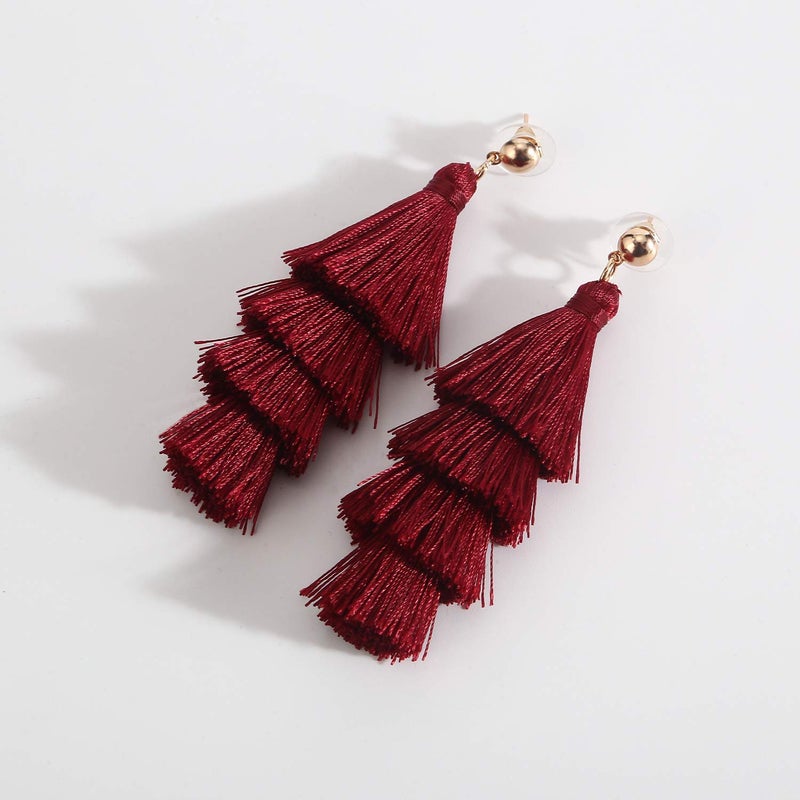 BaubleStar Fashion Maroon Tassel Dangle Earrings for Women Layered Long Bonita Tiered Wine Burgundy Red Thread Tassel Drop Statement Jewelry - Image 3